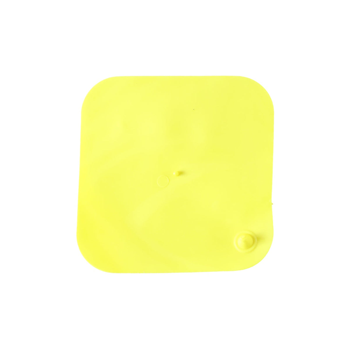 A plain bright yellow square silicone drain cover with a small central bump and a corner suction cup on a white background.