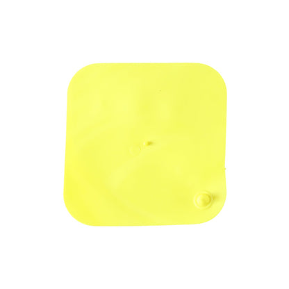 A plain bright yellow square silicone drain cover with a small central bump and a corner suction cup on a white background.