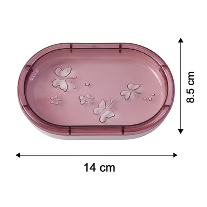 Pink butterfly-patterned soap case with dimensions of 14 cm length and 8.5 cm height indicated.