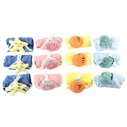 Twelve individual colorful towels, each with a plush animal or fruit shape, arranged in rows on a white background.