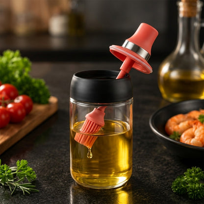 A glass oil dispenser filled with oil, with the red silicone brush inside, on a dark kitchen counter.