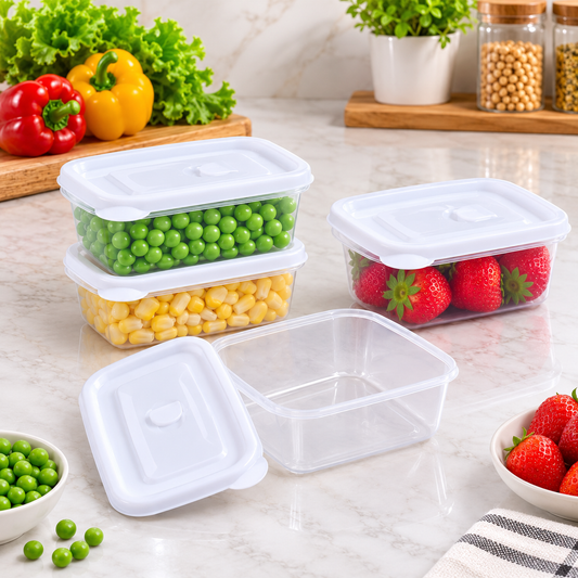 Three clear plastic food containers with white lids, filled with peas, corn, and strawberries, on a marble counter.