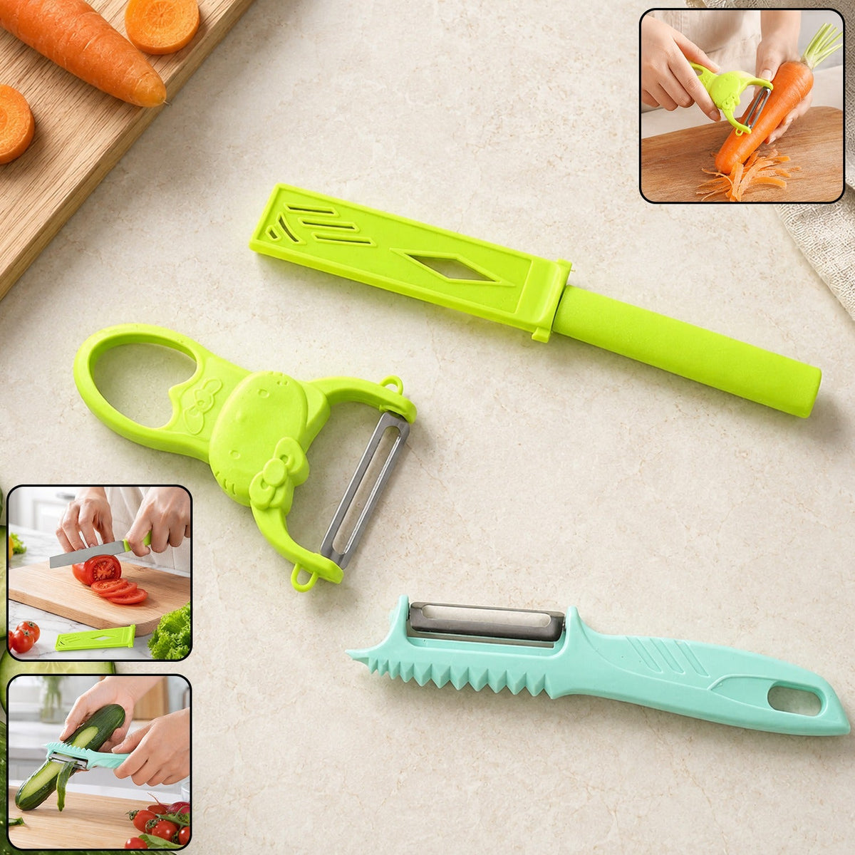 Three kitchen tools: a green peeler, a teal peeler, and a green knife with a sheath, shown with vegetables.