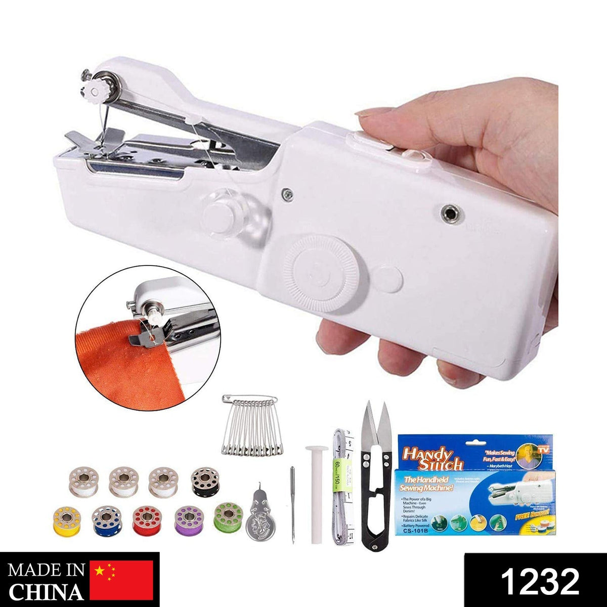 White handheld sewing machine with a fabric swatch, spools of thread, scissors, and other accessories on a white background.