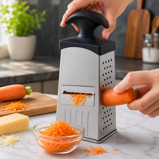 Hands grating a carrot on a stainless steel box grater with a black handle, surrounded by grated carrots and cheese.