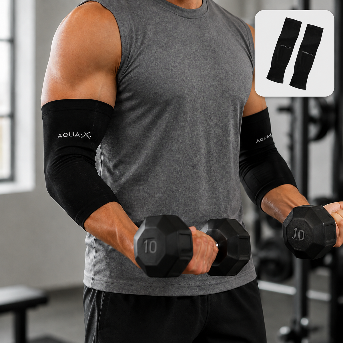 A man wearing a grey t-shirt and black compression sleeves lifts dumbbells in a gym, with a small inset of the sleeves.