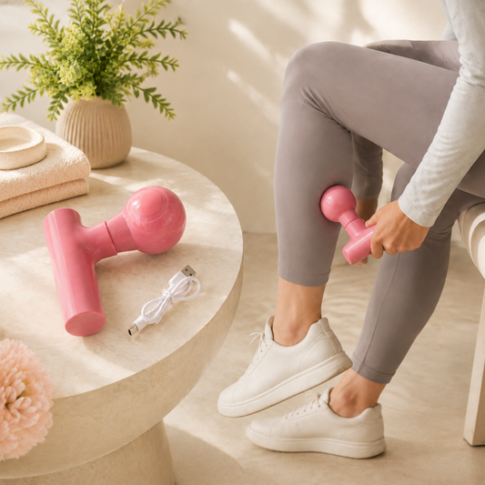 Front view of the black mini cordless body massager for full body pain relief.