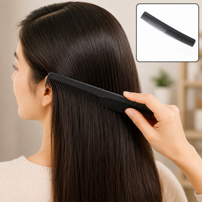 A woman with long dark hair is combing it with a black dual-tooth comb, with a smaller inset showing the comb.
