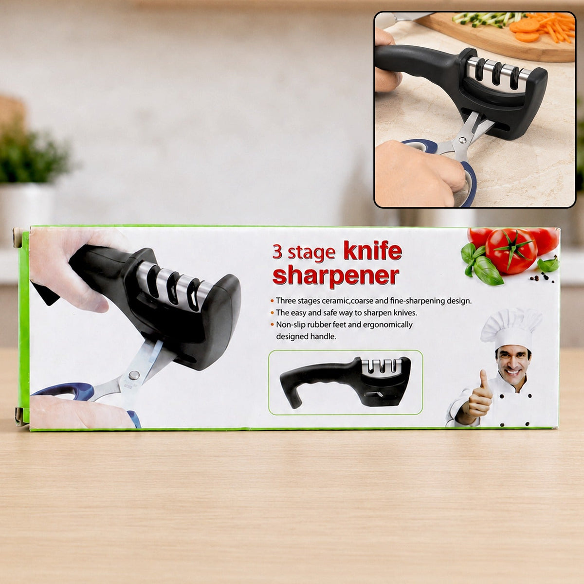 A black three-stage knife sharpener and a pair of blue-handled scissors are shown on a product box.