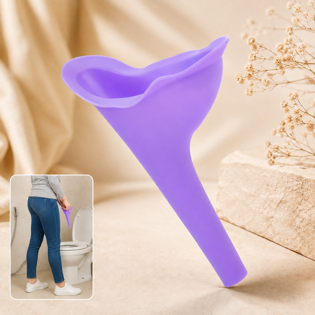 A purple silicone female urination device with a woman using it in a toilet shown in an inset