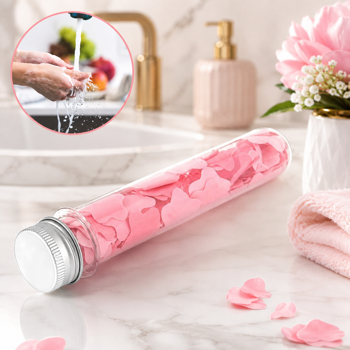 A clear tube of pink flower-shaped paper soap strips sits on a marble counter with a person washing hands in a circular