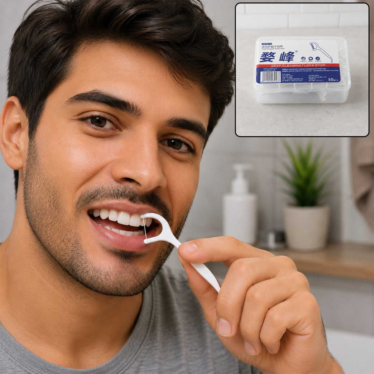 A man uses a white dental floss pick in his mouth, with a clear storage box in the top right corner.