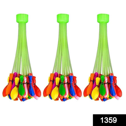 Three bunches of colorful self-tying water balloons with green nozzles on a white background.