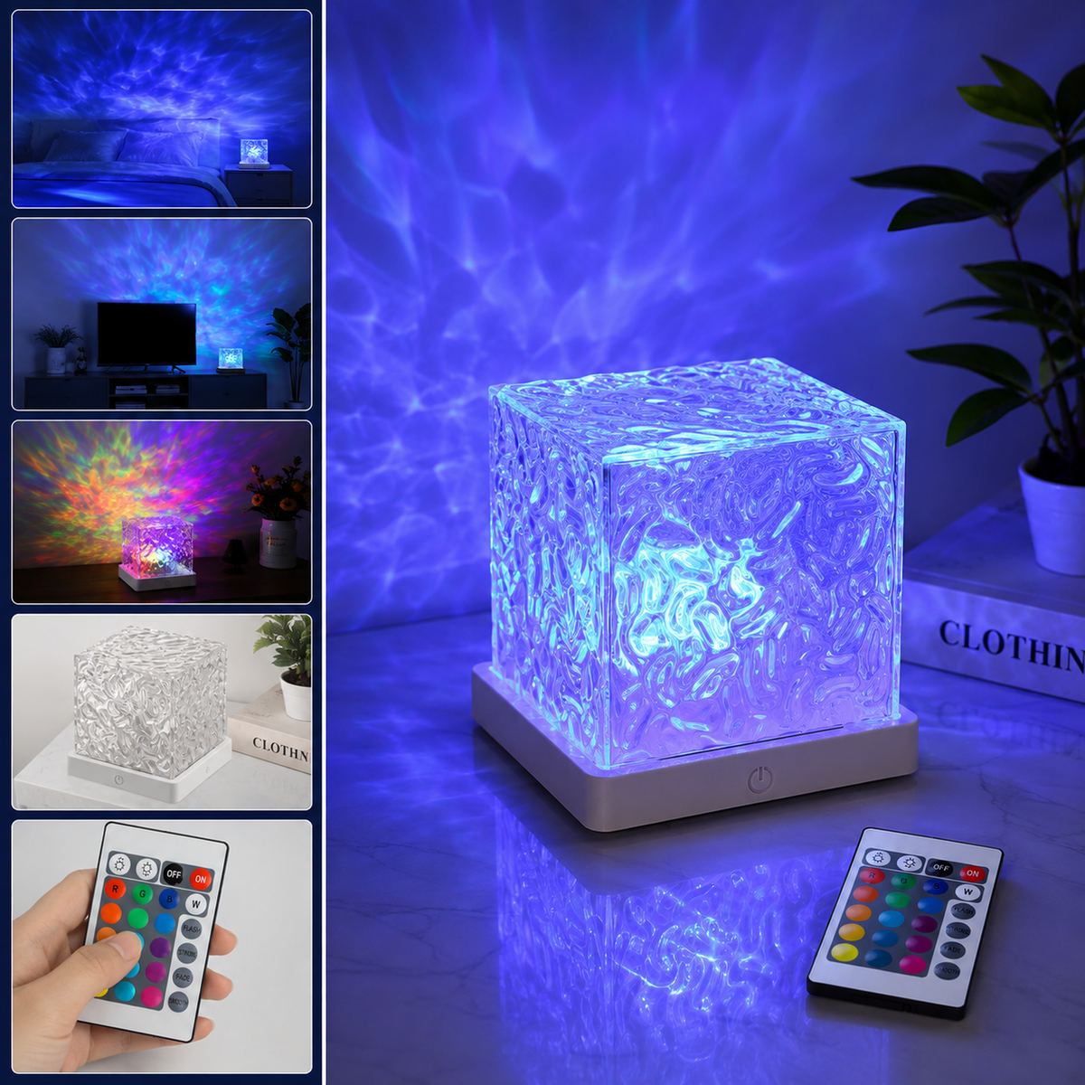 A composite image showing a crystal cube lamp projecting blue and multicolored ripples in various room settings, with a