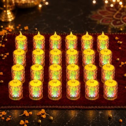Twenty-four illuminating LED tea lights with textured clear plastic bodies arranged on a red fabric runner.