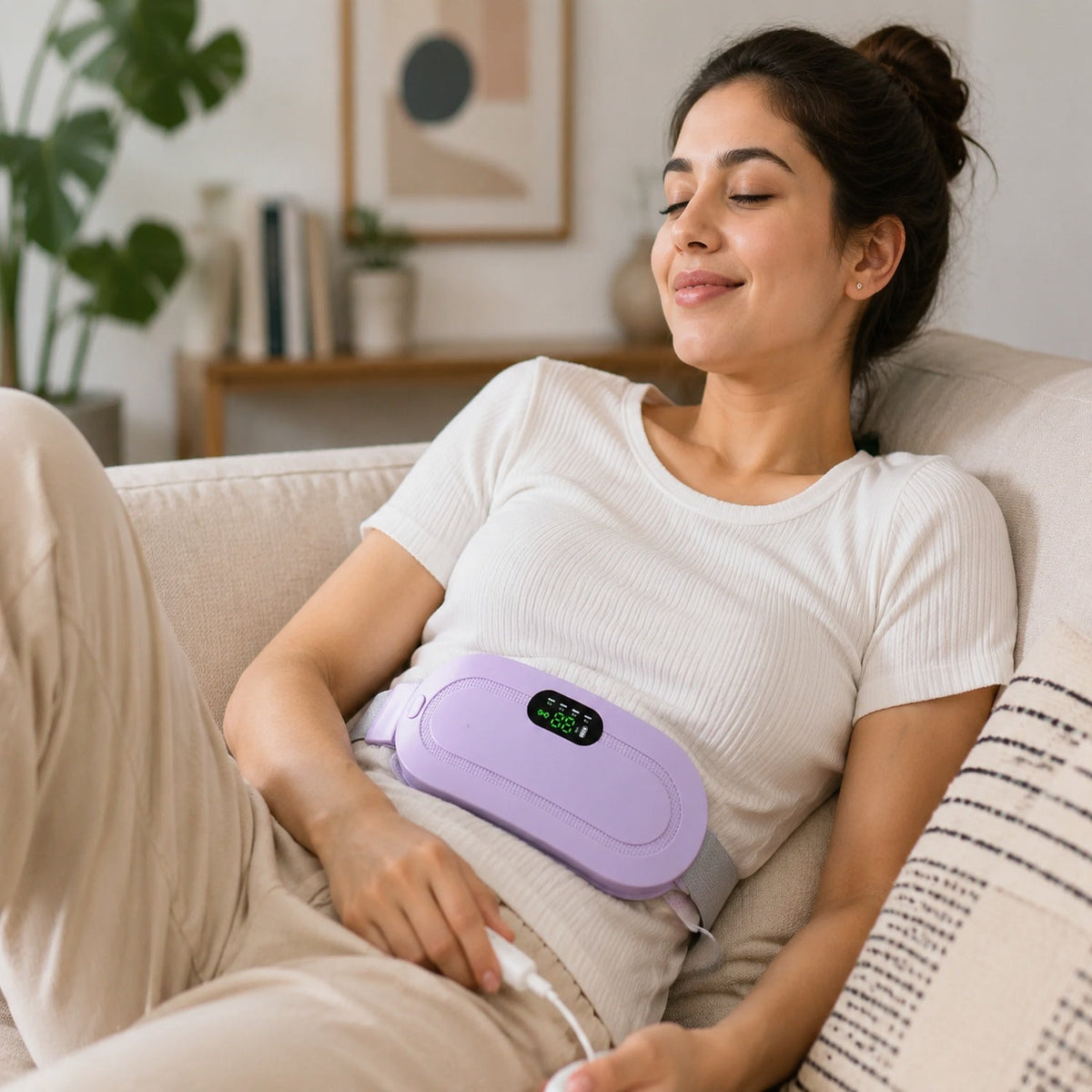 A woman with her eyes closed, relaxing on a couch, wearing a lavender heating pad on her lower abdomen.