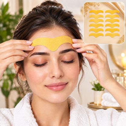 A woman in a white robe applies a gold forehead patch, with a small inset showing ten patches.