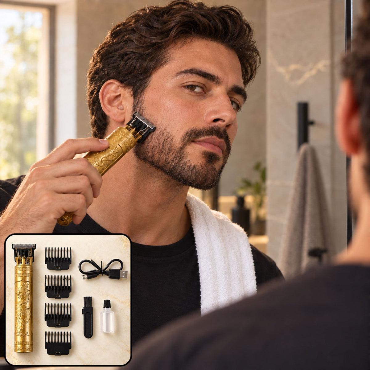 A man uses a gold dragon-embossed hair trimmer on his beard, looking into a bathroom mirror with the full kit shown in an