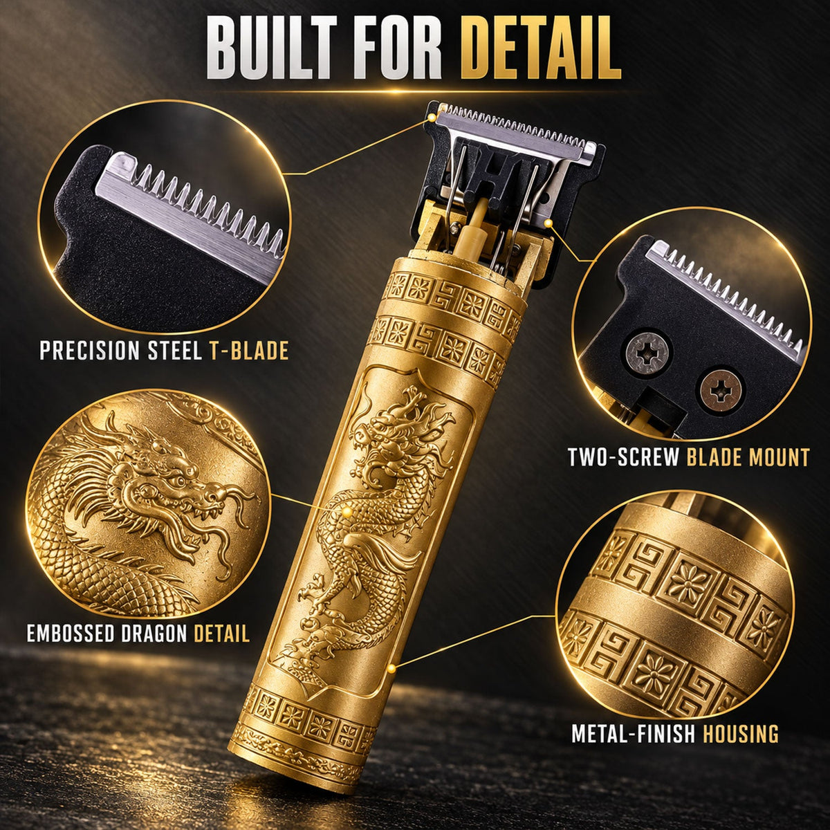 A gold hair trimmer with embossed dragon detail is highlighted with close-ups of its precision steel T-blade and two-screw