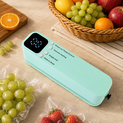 A mint green handheld vacuum sealer with digital display and buttons, surrounded by fresh fruit and vacuum-sealed grapes.