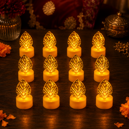 Twelve golden leaf-shaped LED candles glowing warmly on a dark surface, surrounded by decorative elements.