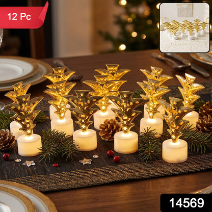 Twelve golden Christmas tree LED tealight candles glow warmly on a dark table runner with holiday accents.