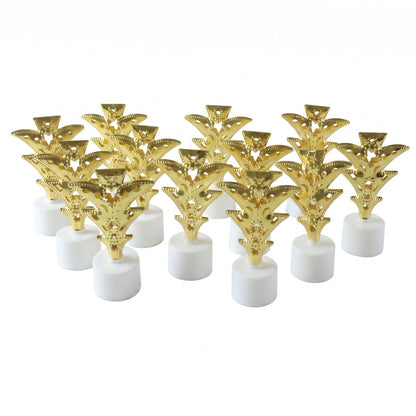A group of twelve golden Christmas tree LED tealight candles are arranged neatly on a plain white surface.
