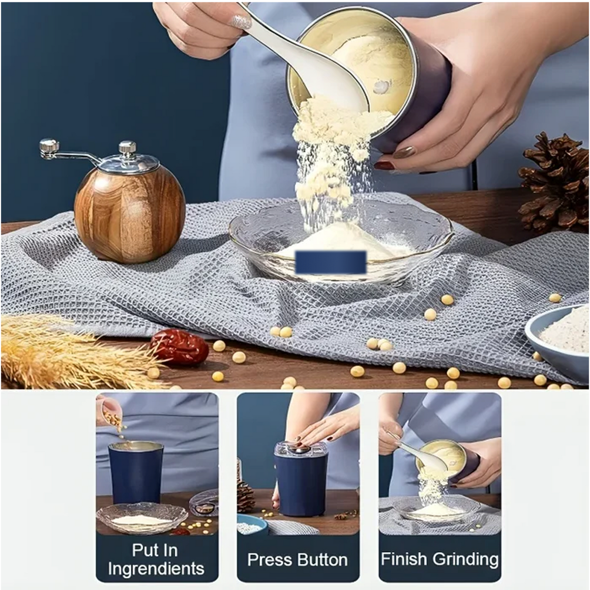 A person uses a white spoon to scoop ground powder from the dark blue grinder into a glass bowl, with steps for grinding