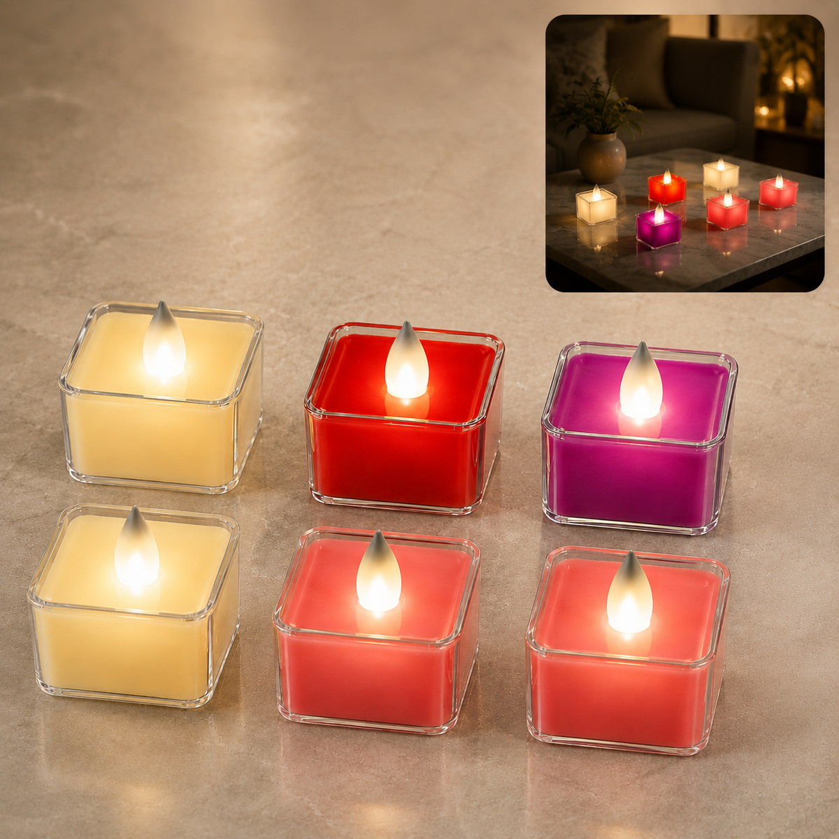 Six square LED flameless tealight candles in yellow, red, and purple, with an inset showing them lit on a table.