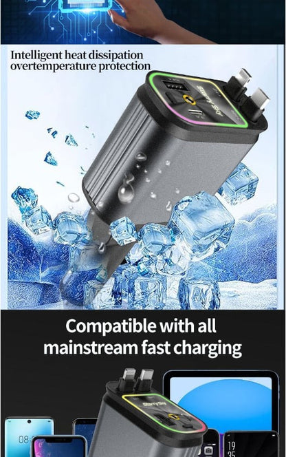 4 in 1 Super Fast  120W  Car Phone Charger | 180° Adjustable Type C & iPhone Car Adapter |Retractable Cable and 2 USB Ports