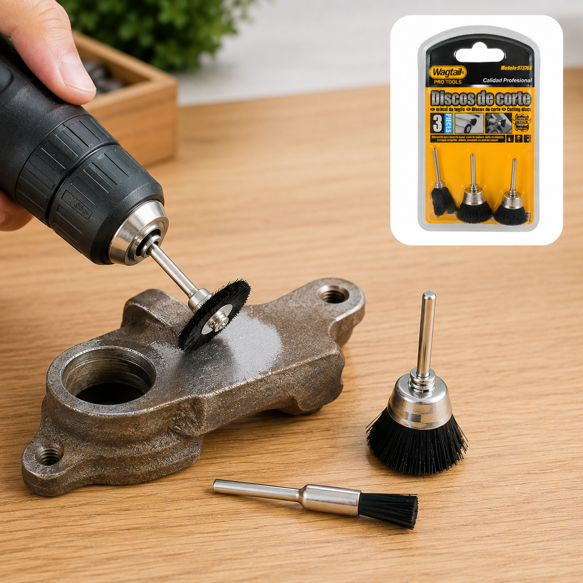 A hand holds a drill with a black nylon brush attachment cleaning a metal part, with the product packaging in the top right.