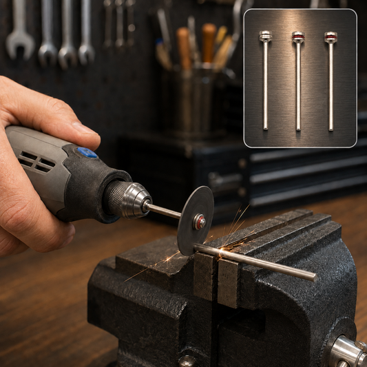 A hand holding a rotary tool with a silver mandrel and red cut-off wheel sparks against a metal rod in a vise.