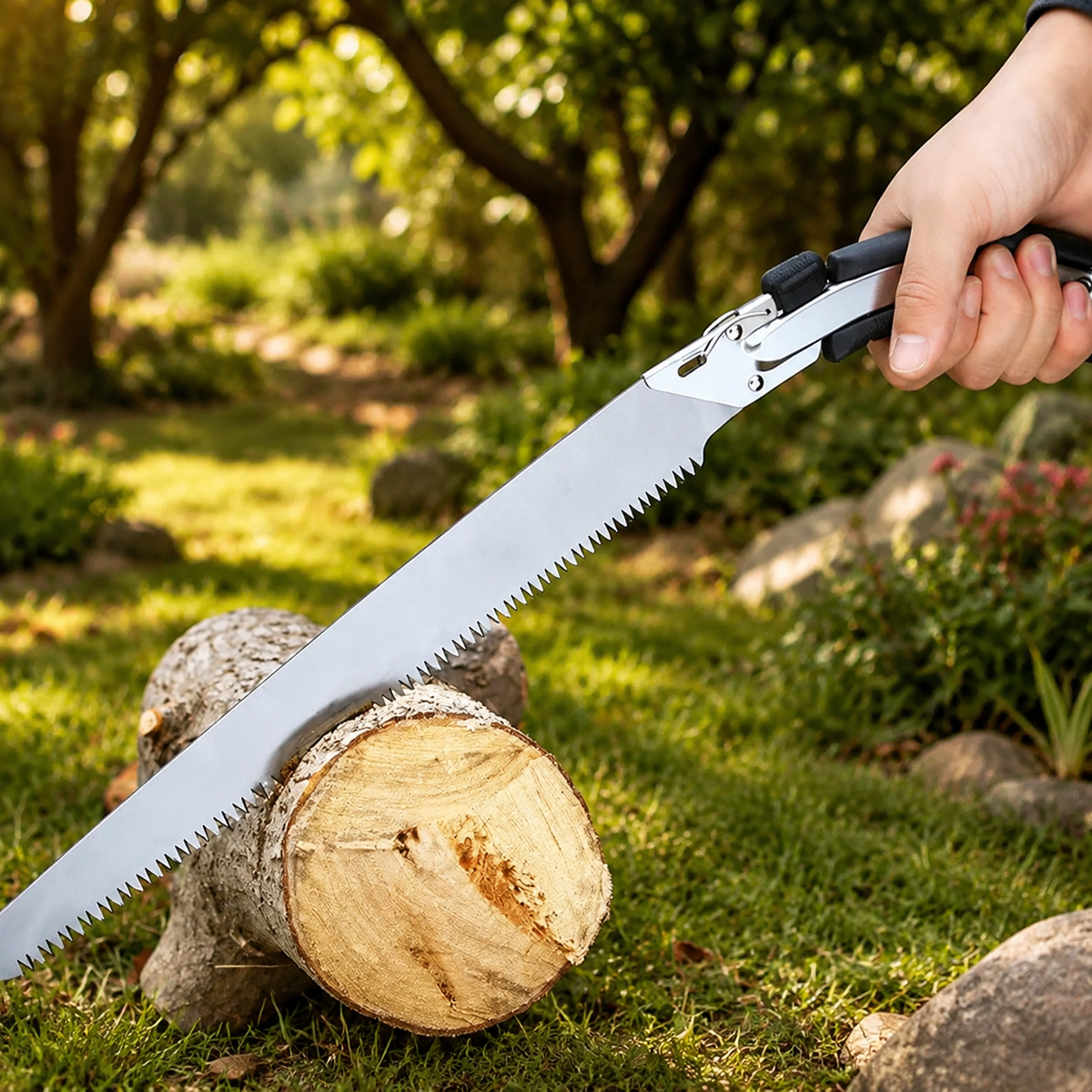 A person uses a silver folding hand saw to cut a log on green grass in a garden setting.