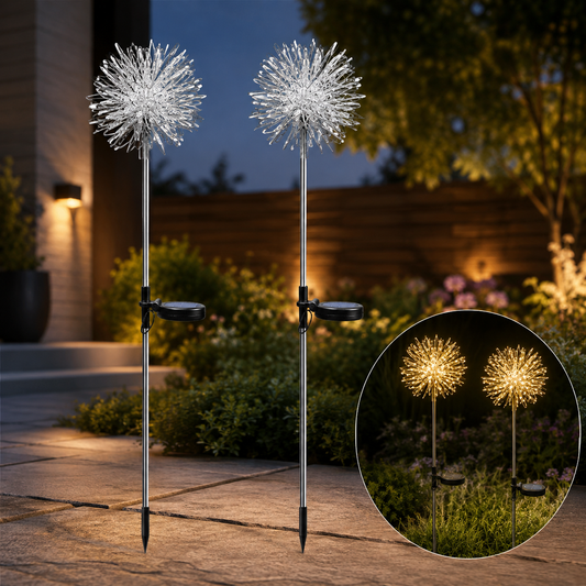 Two silver dandelion-shaped solar lights illuminate a garden path at dusk, with a small inset showing them glowing warm