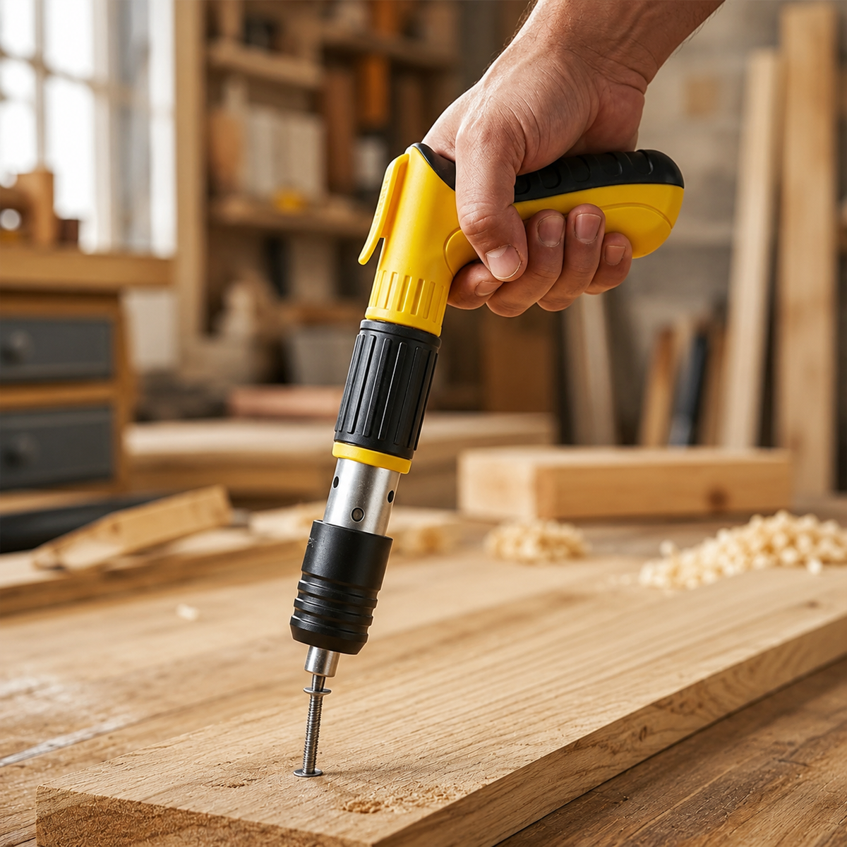 A hand holds a yellow and black manual nail gun, driving a nail into a wooden plank with wood shavings nearby.