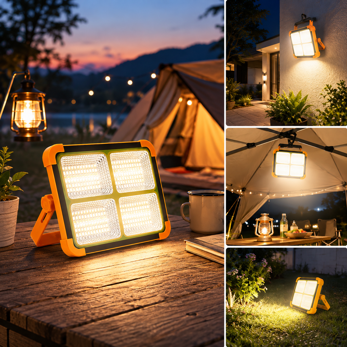 Orange and black solar LED flood light illuminating a campsite at dusk, with a tent and lake in the background.