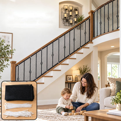 A black mesh safety net is installed on a wooden and iron staircase railing, with a woman and child playing on the rug