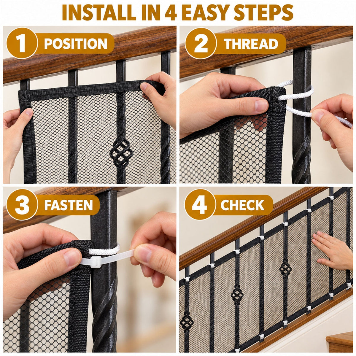 Four close-up steps show how to install a black mesh safety net onto a metal railing using white plastic ties.