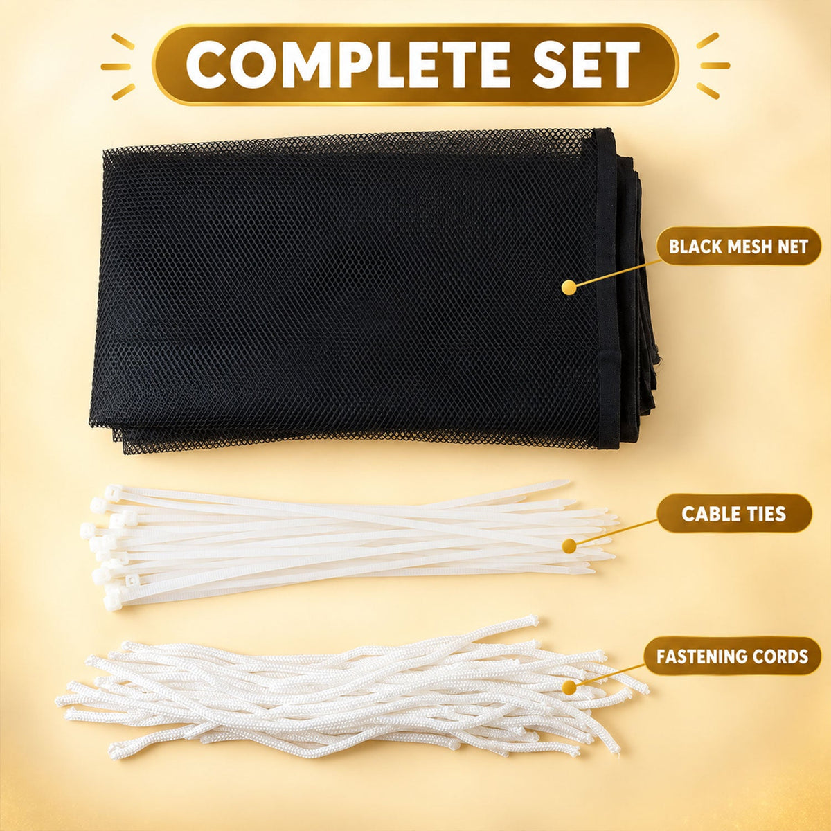 A complete set of a folded black mesh net, white cable ties, and white fastening cords are arranged on a light brown surface.