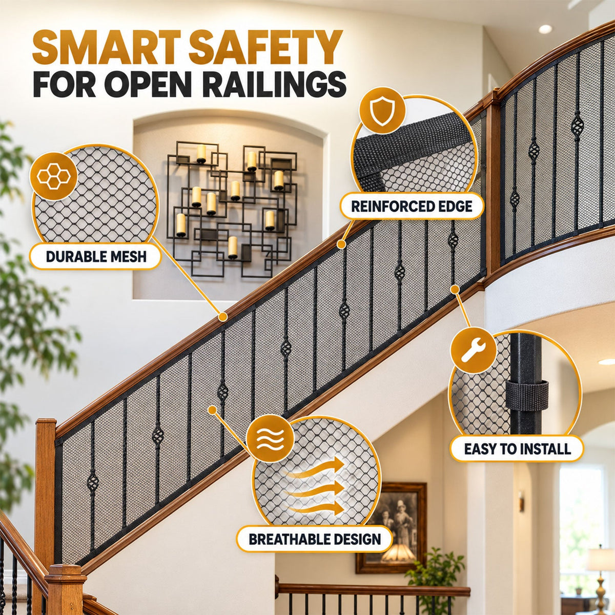 A black mesh safety net is installed on a staircase railing, with callouts highlighting its durable mesh, reinforced edge,