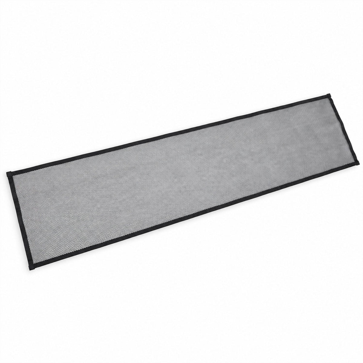 A rectangular piece of black mesh safety net with black fabric edges lies flat on a white surface.