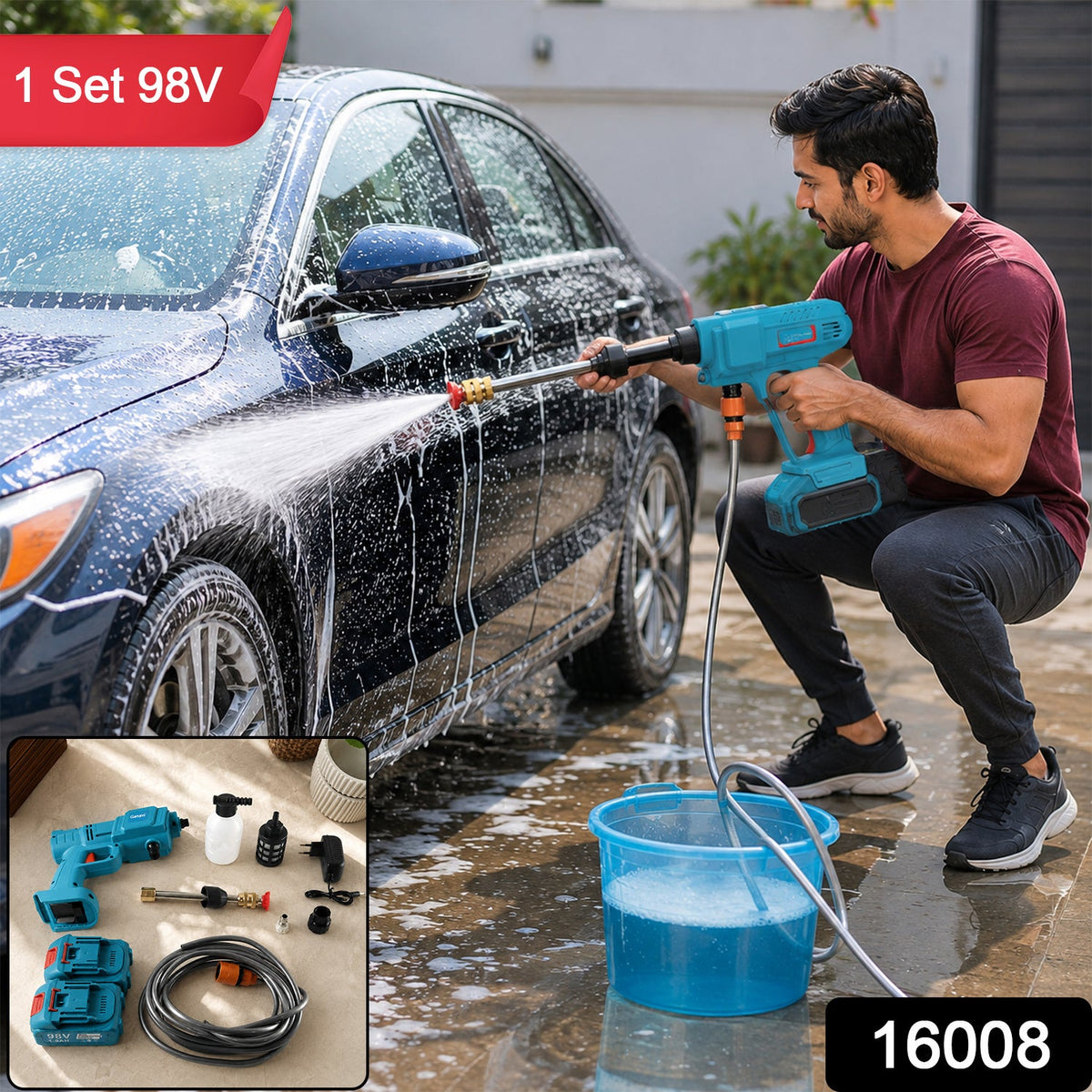 A man in a red shirt and dark pants washes a blue car with a teal and black wireless pressure washer, creating – view 2