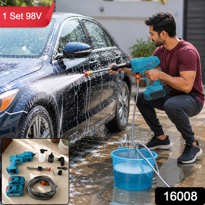 A man in a red shirt and dark pants washes a blue car with a teal and black wireless pressure washer, creating – view 2
