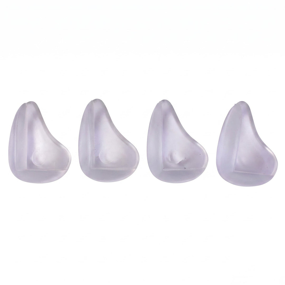 Four clear, rounded silicone corner protectors are arranged in a row against a plain white background.