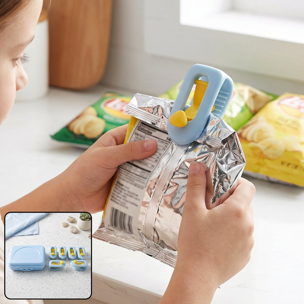 A child's hands use a blue and yellow plastic clip to seal a silver chip bag, with other chip bags in the background.