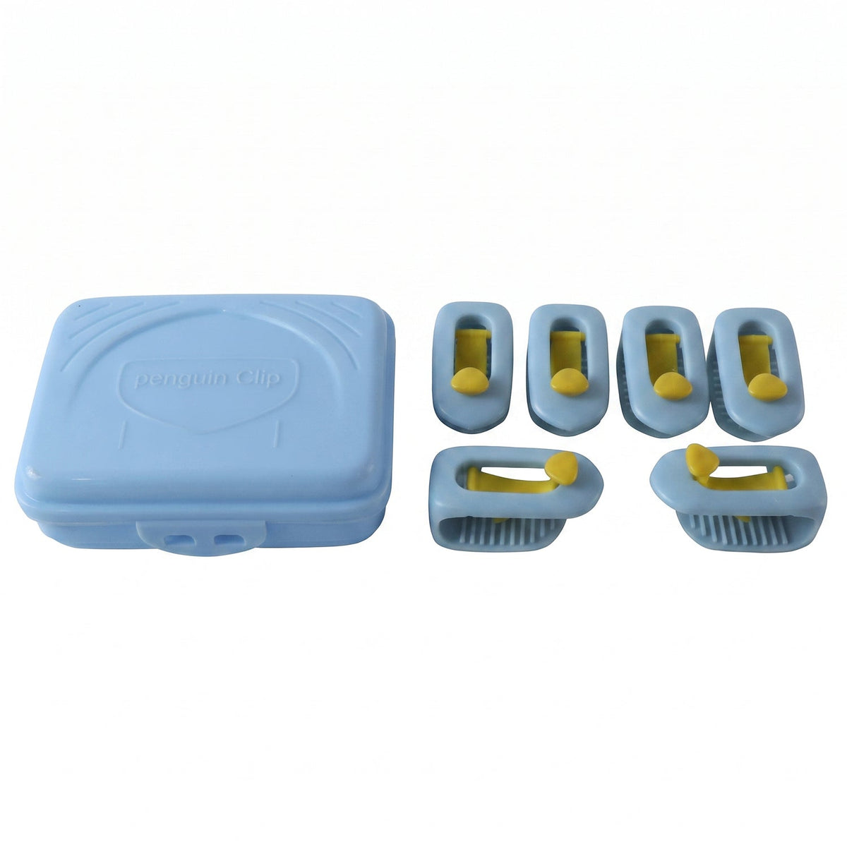 A light blue plastic storage case and six blue and yellow plastic clips are arranged on a white background.