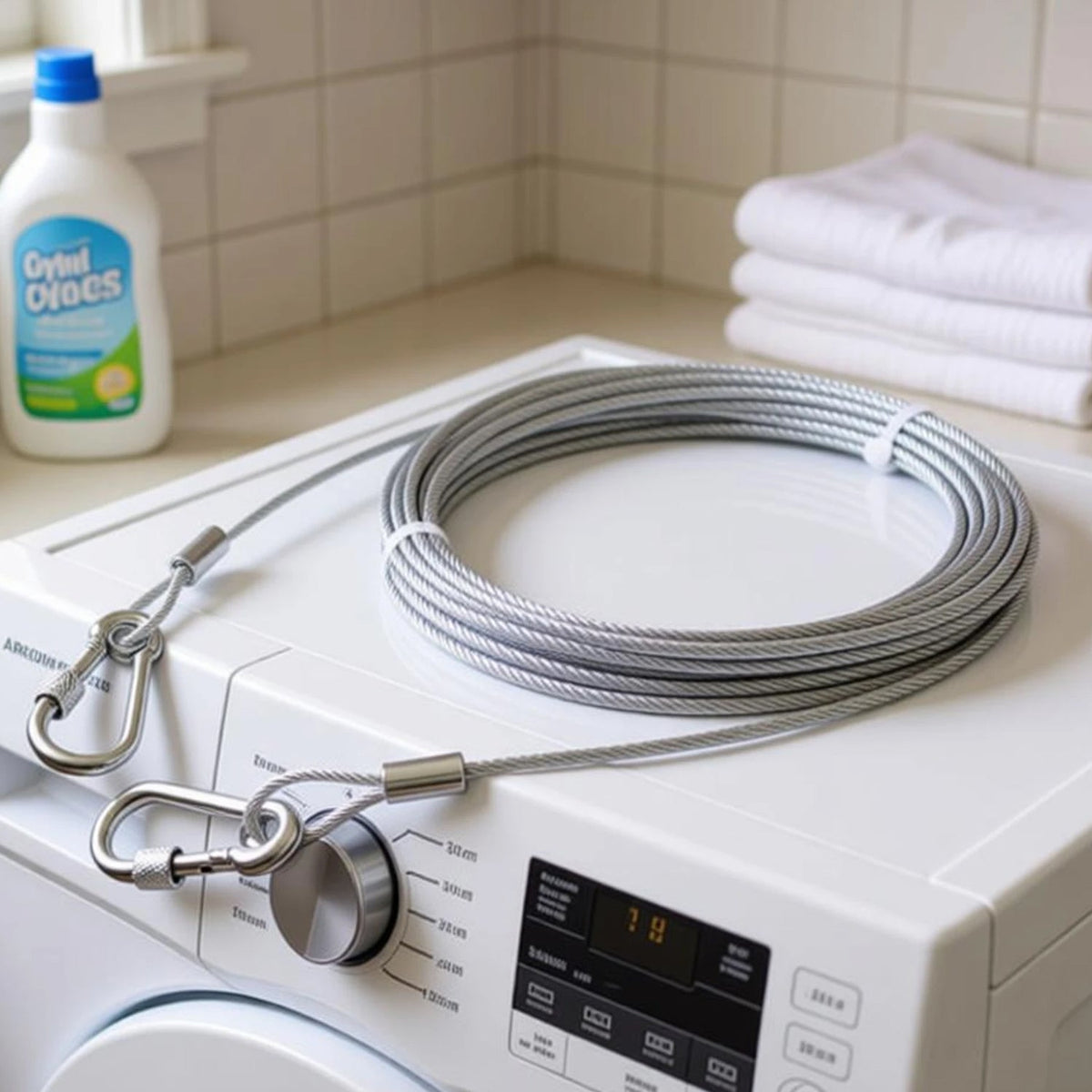 A coiled stainless steel wire rope with two locking hooks sits on top of a white washing machine, with a bottle of laundry