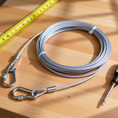 A coiled stainless steel wire rope with two locking hooks on a wooden surface next to a yellow measuring tape and a