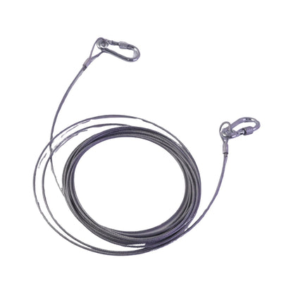 A coiled silver wire rope with two attached locking hooks on a white background.
