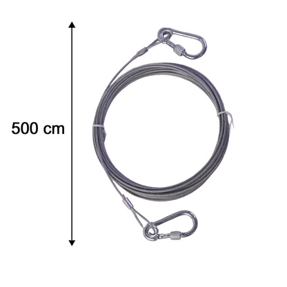 A coiled silver wire rope with two attached locking hooks on a white background, with a vertical arrow and "500 cm"